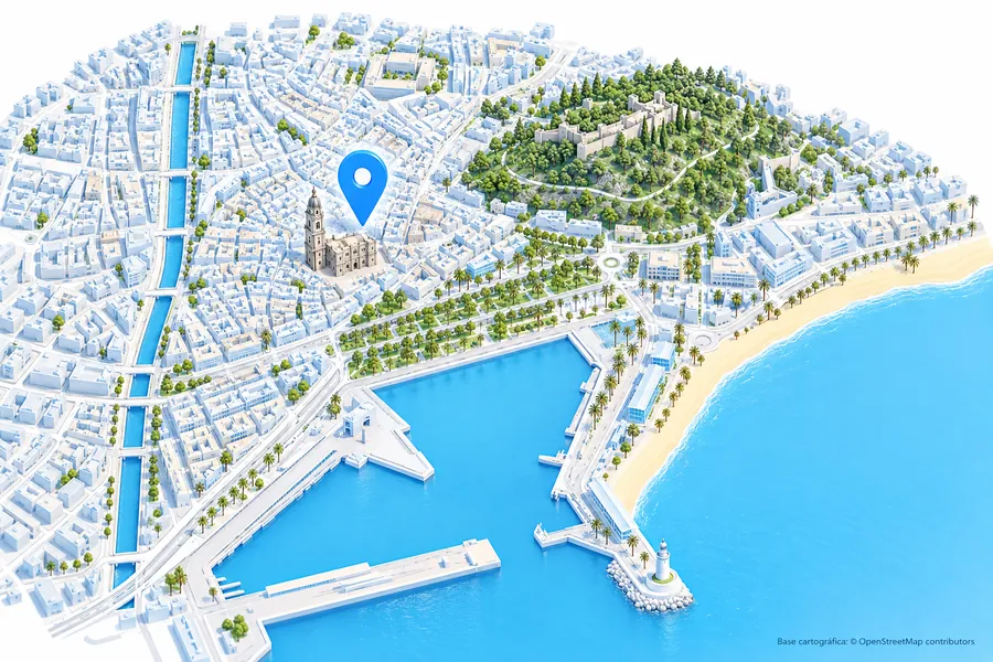 Mapa en 3D del centro de Málaga con la catedral, la Alcazaba, el puerto y la Malagueta, y un marcador de ubicación