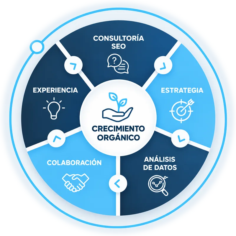Rueda del crecimiento orgánico: consultoría SEO, estrategia, análisis de datos, colaboración y experiencia alrededor del crecimiento orgánico
