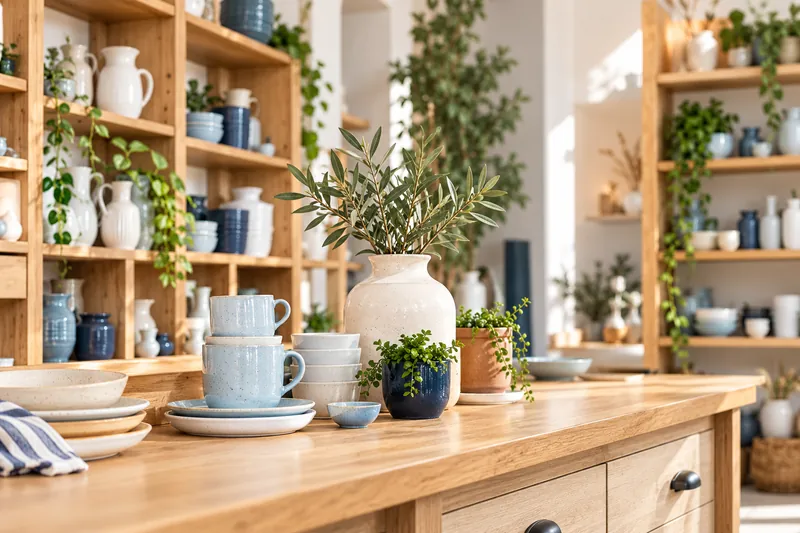 Mostrador de un comercio local con cerámica, plantas y estanterías de madera