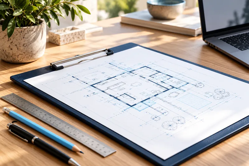 Mesa de trabajo de un profesional con un plano de arquitectura, regla y portátil