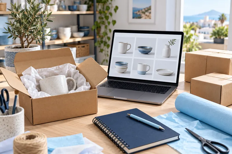 Pedido de una tienda online preparado en caja junto a un portátil con el catálogo de productos